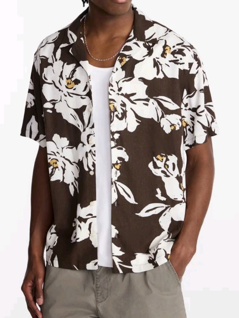 No Boundaries Men's Size 3XL Boxy Fit Linen Blend Patterned Resort Shirt Brown